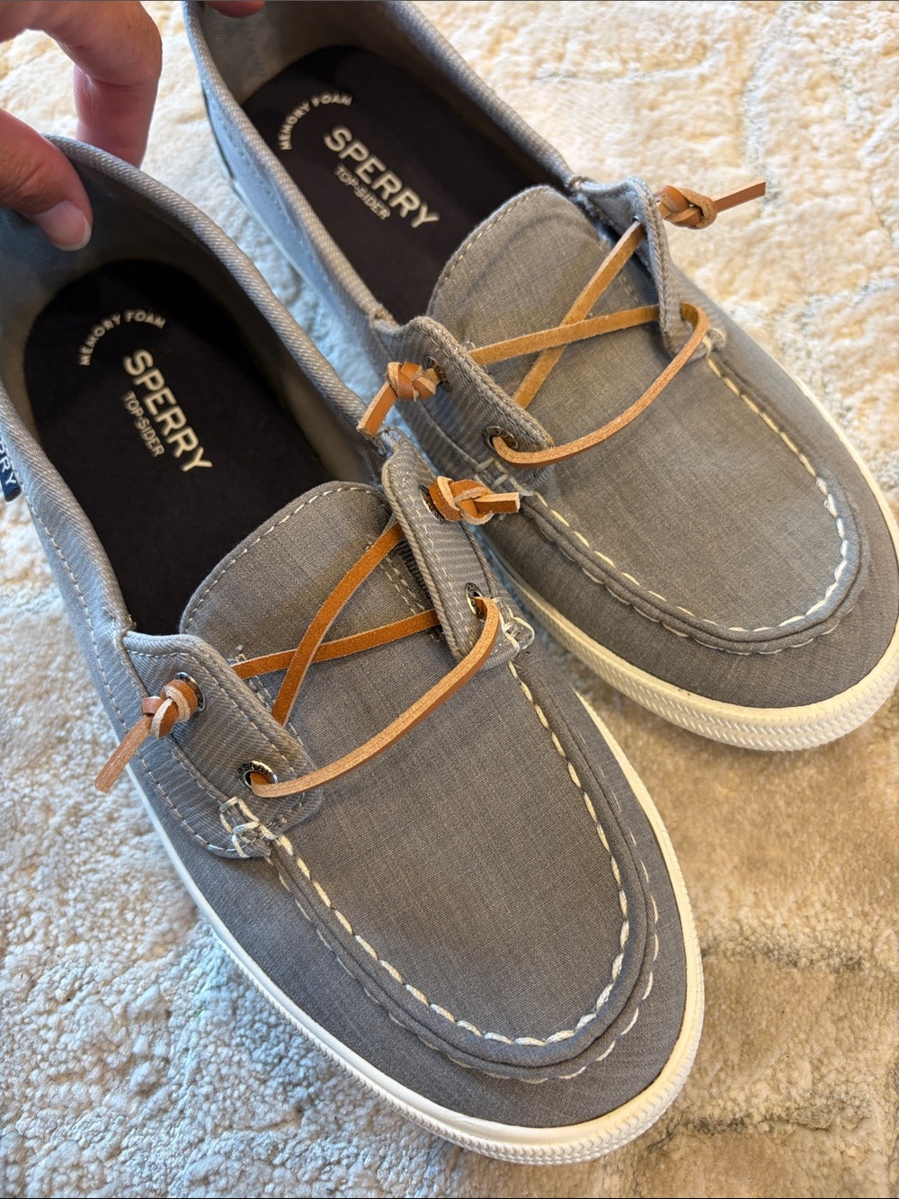 Sperry women’s  Gray Canvas Boat Shoes with Tan Laces